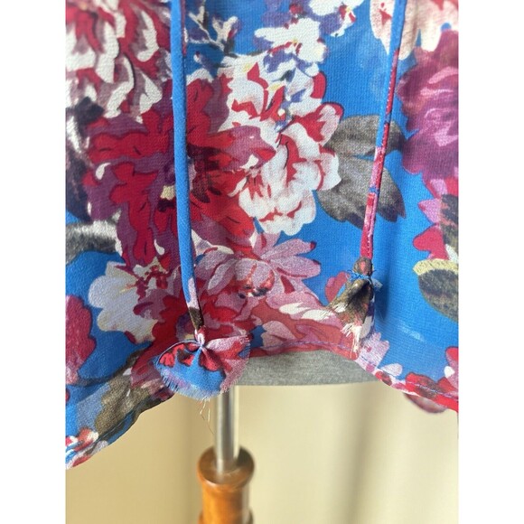 Elie Tahari Size Medium Blue Red Floral Print Ruffle Sleeve Sheer Blouse - Picture 2 of 7